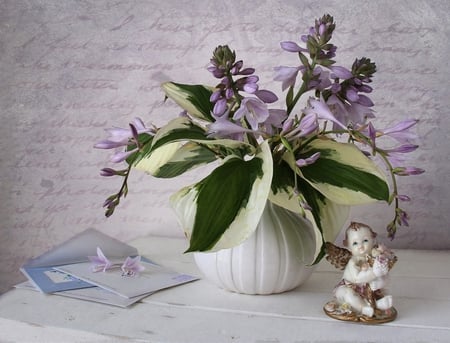 still life - nice, beauty, angel, photography, bouquet, still life, white, purple, pretty, cool, romance, gently, harmony, love, lovely, vase, letter, beautiful, memories, flowers, photo, elegantly, flower