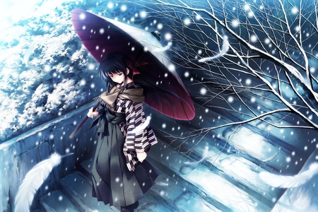 Snowy Day - stairs, hd, alone, girl, snow, umbrella, anime, scarf