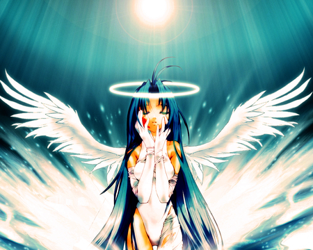 Angel - wings, light, anime, girl, sun, angel