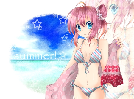 Megurine Luka - aqua, hot, swimsuit, thighhighs, music, anime girl, white, art, cool, aqua eyes, artistic, sexy, song, scarf, stripped, vocaloids, program, vocaloid, pink, beautiful, towel, sea, diva, beauty, nice, sky, beach, surf, water, singer, black, virtual, pretty, megurine luka, idol, clouds, anime, stripped bikini, cute, megurine, sand, tail, luka, stars, girl, pink hair, cg, two piece, bikini, awesome, digital