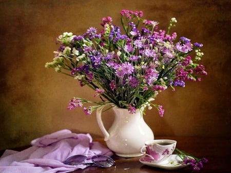 Still Life - beauty, cup of tea, photography, colorful, still life, with love, white, purple, pretty, petals, romance, purple flowers, tea, colorful flowers, for you, lovely, vase, cup, nature, romantic, beautiful, flowers, colors