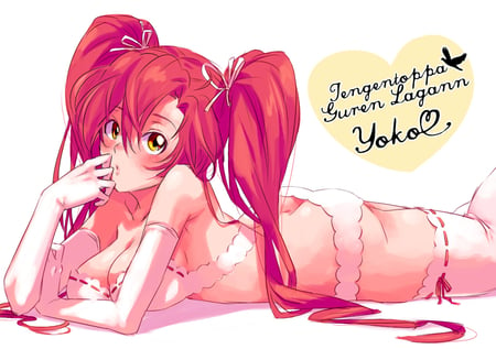 Thinking about you - yoko, blushing, anime girl, gurren lagann, twintails, beautiful, hot, blush, beauty, red hair, tengen toppa gurren lagann, cute, thigh highs, yoko ritona, sexy, yoko littner