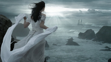 beyond the sea - women, sunlight, sunbeams, boat, sea, white dress, grey, black hair, rocks