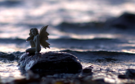 figurine - water, beach, figurine, angel, ocean, statue, rocks