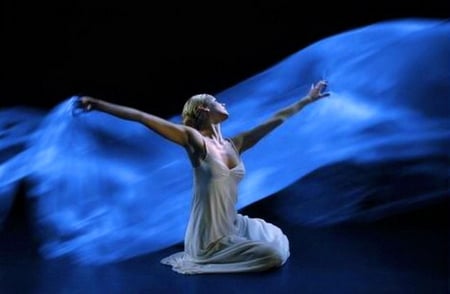 Freedom in blue - veil, breeze, black background, blue, woman, beauty