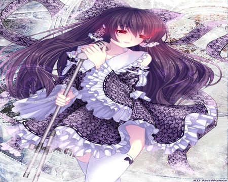 Hakurei Remiu - hakurei remiu, heart, magic, female, red grow eye, alone, dress, music, touhou, sad, sing, anime girl, hot, cool, sweet, thigh highs, sexy, song