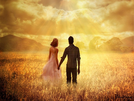 Golden love - sky, field, sunset, nature, couple, woman, man