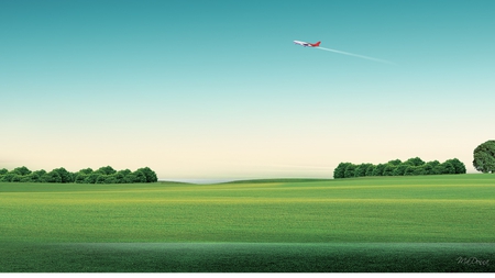 Fly Away - airplane, trees, fly, travel, field, pasture, sky