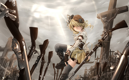 War - cool, rifles, war, anime, guns, girl, crosses, tamoe, mahou shoujo madoka magica, mami