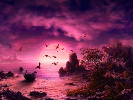 Purple sky - purple, sky, cloud, bird