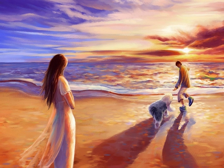 Vacation time - summer, people, vacation, beach, girl, dog, man, sunset, woman, puppy