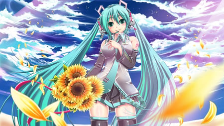 Hatsune Miku - hatsune miku, sky, sunflowers, sunshine, blue eyes, long hair, kawaii, cloud, twin tails, yellow, petals, blue, blush