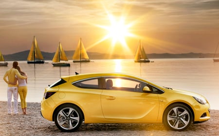 Yellow forever - boats, car, sea, couple, sand, sun