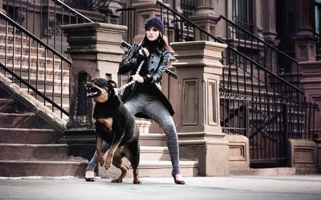 Girl with a dog - nice, street, girl, dog, brave