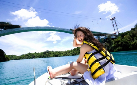 beautiful girl - girl, beautiful, sailing, bridge, boat