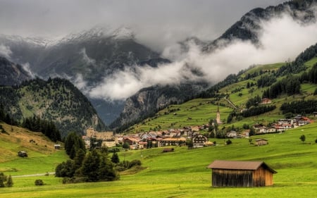 Landscape - splendor, landscape, grass, church, view, field, houses, sky, clouds, house, trees, beautiful, road, beauty, colors, lovely, valley, architecture, tree, village, nature, green, mountains, peaceful