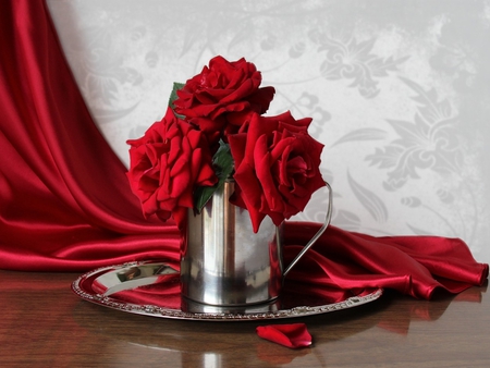 Red Roses - pretty, roses, romantic, rose petals, red roses, romance, flowers, red, vase, for you, red rose, beautiful, photography, beauty, lovely, with love, still life, petals, nature, rose