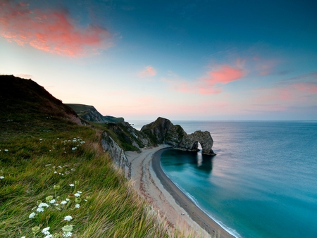 Sunrise - pretty, summer, beach, splendor, grass, sunrise, sand, flowers, view, field, sky, clouds, beautiful, sea, beauty, colors, lovely, ocean, wildflowers, colorful, nature, green, waves, peaceful