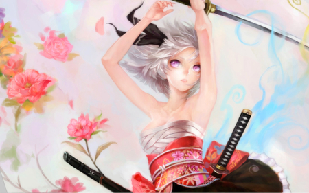 Konpaku Youmu - japan clothes, rose, konpaku youmu, besm, katana, anime girl, fighter, heart, samurai, touhou, pretty, underboob, beauty, flowers, brave, warrior, swords, sexy