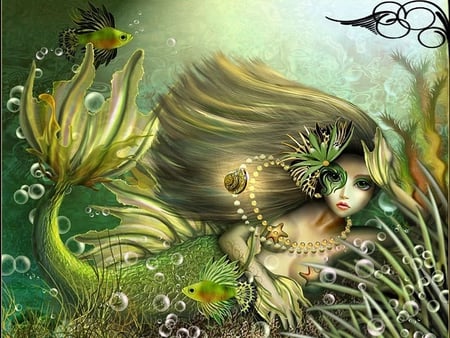 Green Water Mermaid - water, mermaid, green, beautiful