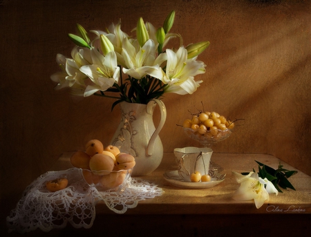 still life - nice, beauty, photography, bouquet, still life, white, lily, pretty, cool, kettle, lace, harmony, lilies, glass, cherry, gentle, lovely, fruit, beautiful, apricot, flowers, photo, porcelain, elegantly, flower