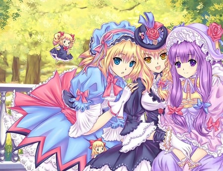 Friends - girls, marisa kirisame, anime, touhou, cute, patchouli knowledge, alice margatroid