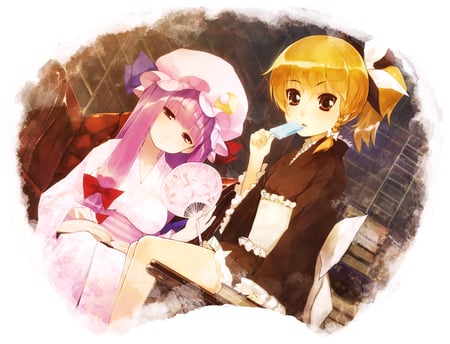 Patchouli and Marisa - library, girl, patchouli knowledge, ribbons, touhou, marisa kirisame, anime, books, japanese clothes