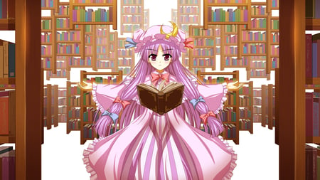 Patchouli Knowledge - library, touhou, patchouli knowledge, hat, long hair, books