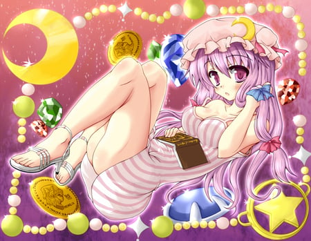 Patchouli Knowledge - touhou, girl, hat, patchouli knowledge, anime, long hair, cute, coins