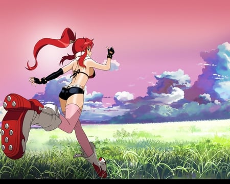 Catch me if you can - pretty, yoko, long hair, stunning, red hair, yoko littner, sky, clouds, anime girl, gurren lagann, beautiful, hot, beauty, tengen toppa gurren lagann, cute, thigh highs, sexy, yoko ritona