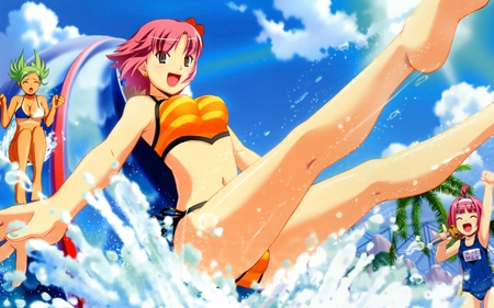 Fun in the sun - pretty, rio, stunning, short hair, beauties, bikini, anime girls, pink hair, sky, clouds, super blackjack, swimsuit, beautiful, hot, beauty, cute, sexy