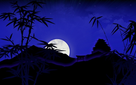 Bamboo Moonrise - moon, black, blue, night, bamboo, asian, mountain, dark