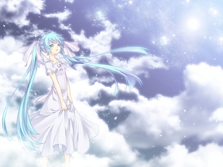 Hatsune Miku - pretty, artistic, angel, nice, sunlight, program, sunshine, beauty, virtual, heavens, cg, white, wings, cute, aqua eyes, song, vocaloid, anime, twintail, dress, hatsune miku, music, aqua, beauitful, art, sky, sun, idol, clouds, anime girl, singer, girl, cool, black, miku, awesome, diva, digital, aqua hair, hatsune, vocaloids