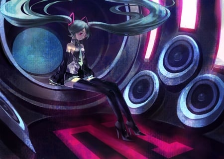 Hatsune Miku - aqua, thighhighs, room, music, stockings, white, art, cool, aqua eyes, artistic, hatsune miku, skirt, light, song, anime gir, vocaloids, program, glow, vocaloid, pink, beautiful, uniform, diva, beauty, nice, twintail, singer, aqua hair, black, bass, virtual, red eyes, pretty, idol, anime, miku, cute, girl, cg, hatsune, red, blue, tie, awesome, digital, outfit