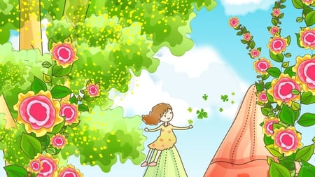 Summer Special - sky, art, trees, roses, girl, summer