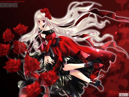 anime girl - girl, red roses, anime girl, rose girl