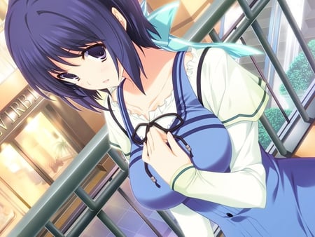 Nanasawa Yun - mall, girl, railing, nanasawa yun, light blue, bow, blue, anime, ribbon, short hair, dress