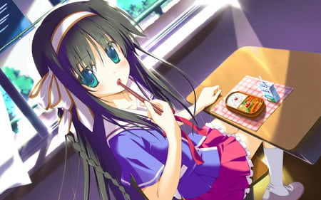 Eating - school, headband, long hair, foos, white, eat, chopsticks, bow, blue, red, uniform, ribbon