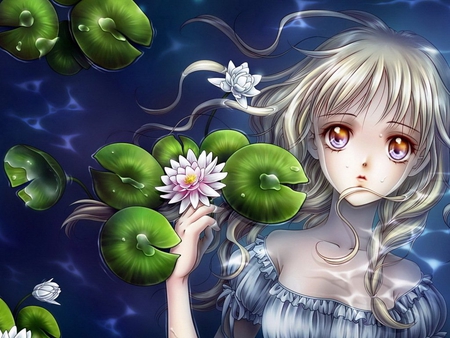 Anime - girl, cute, aniime, flower