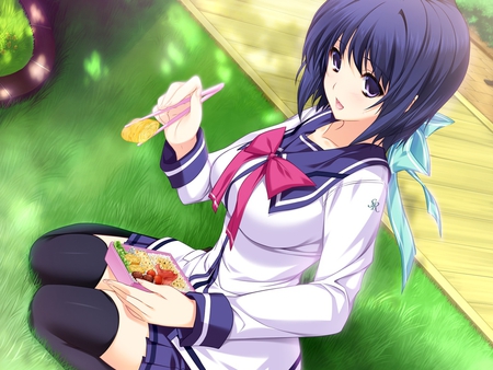 Nanasawa Yuni - yummy, girl, eat, bow, blue, anime, uniform, ribbon, food, nanasawa yuni