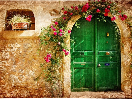 Door - photography, nature, abstract, old door, wall, beautiful, door, green, architecture, flowers, flower