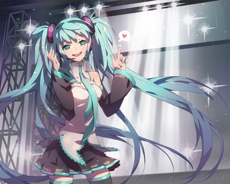 Hatsune Miku - tie, pretty, artistic, stage, sparkles, light, uniform, headphones, nice, program, thighhighs, beauty, virtual, cg, white, gray, cute, aqua eyes, song, outfit, vocaloid, anime, blue, twintail, hatsune miku, microphone, music, aqua, stockings, art, idol, anime girl, skirt, beautiful, singer, girl, cool, black, glow, awesome, diva, digital, aqua hair, hatsune, vocaloids, headset