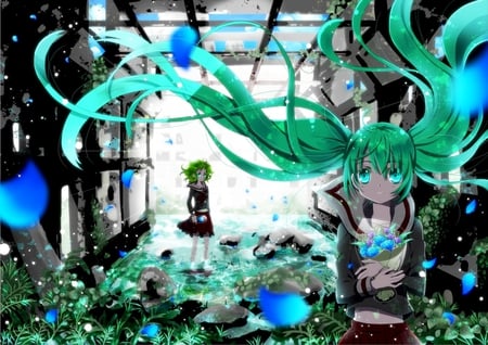 Hatsune Miku & Gumi - pretty, artistic, green eyes, light, uniform, flowers, nice, program, sparkle, thighhighs, beauty, virtual, cg, white, green, cute, aqua eyes, song, outfit, vocaloid, anime, blue, twintail, hatsune miku, green hair, music, aqua, art, idol, anime girl, skirt, beautiful, singer, girl, cool, gumi, black, glow, miku, awesome, diva, digital, aqua hair, hatsune, vocaloids