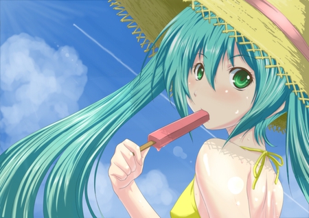 Hatsune Miku - aqua, hot, swimsuit, music, anime girl, white, art, yellow, cool, aqua eyes, artistic, ice cream, hatsune miku, sexy, smoke, song, vocaloids, program, vocaloid, pink, beautiful, blush, diva, beauty, nice, sky, twintail, singer, aqua hair, plane, black, meteor, virtual, pretty, clouds, idol, anime, green, miku, cute, girl, airplane, cg, two piece, hatsune, aircraft, green eyes, red, bikini, awesome, digital