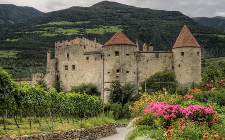 Lovely View - hills, splendor, landscape, grass, pink, medieval, flowers, path, view, pink flowers, sky, castle, clouds, trees, beautiful, road, beauty, colors, lovely, architecture, tree, colorful, nature, green, mountains, peaceful