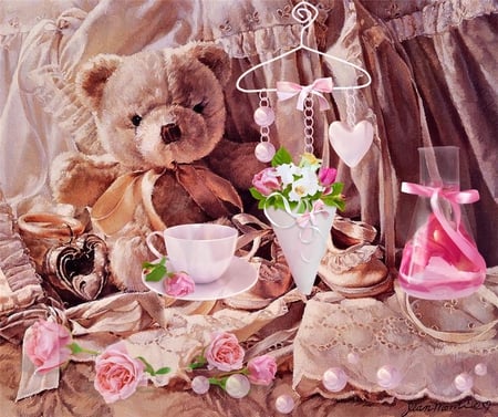 teddy and roses - roses, romantic, teddybear, birthday