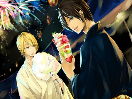 Boys at the Fireworks - anime, boys, festival, fruit and yogurt, cotton candy, fireworks