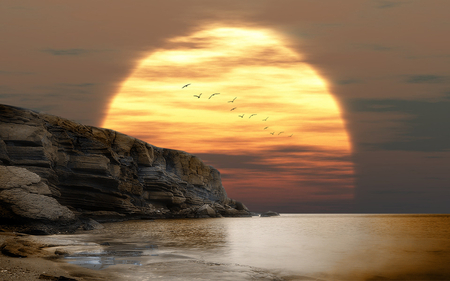 Sunset - beauty, nice, sky, beach, photography, water, sunset, rocks, pretty, cool, clouds, romance, hdr, sand, birds, harmony, ocean, landscape, lovely, nature, flock, beautiful, sea