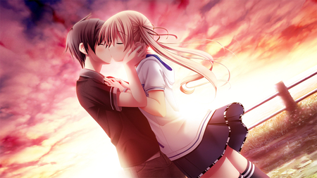 Download Anime Couple Kiss During Beautiful Sunset Wallpaper