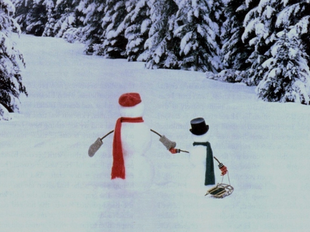 Winter Wonderland - snowman, trees, couple, snow, winter wonderland, snowy